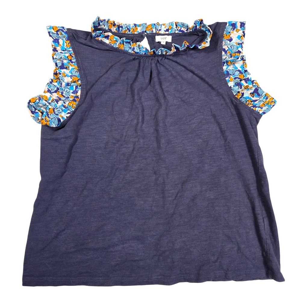 VOY Womens Navy Blue Cotton Ruffle Floral Trim Sleeveless Knit Top Size M